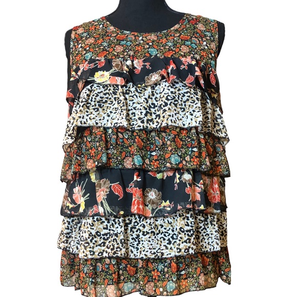Tiered Mixed Print Ruffled Chiffon Sleeveless Top LUXE by NYC Design Co M - Picture 1 of 11